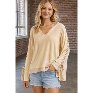 POL Cream Waffle Knit Lace Up Bell Sleeve Boho Top Women’s Small Oversized
